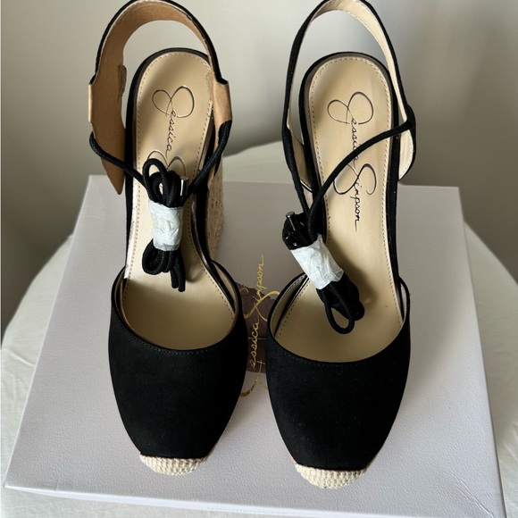 Jessica Simpson Black and Cream Espadrille Wedge Sandals - Picture 2 of 10